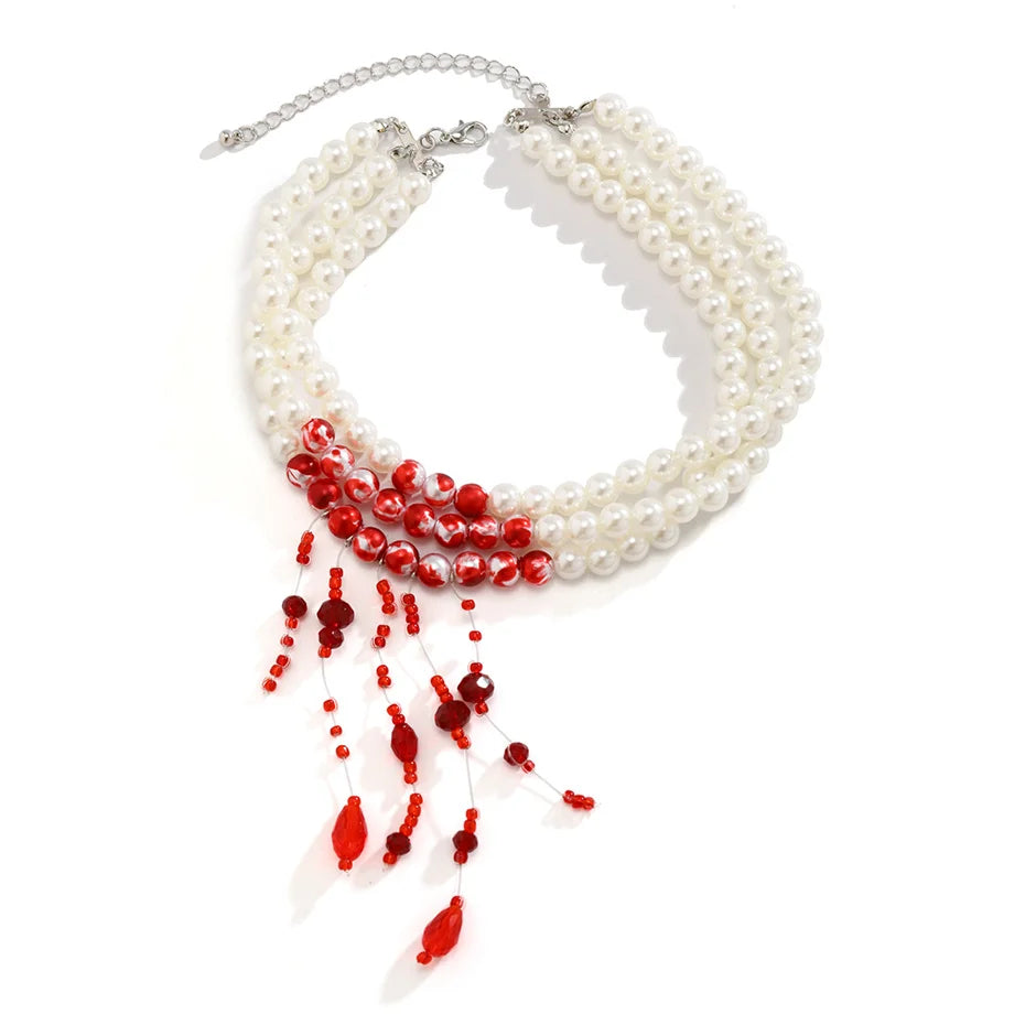 Multilayer Vintage Red Blood Pattern Imitation Pearl Tassel