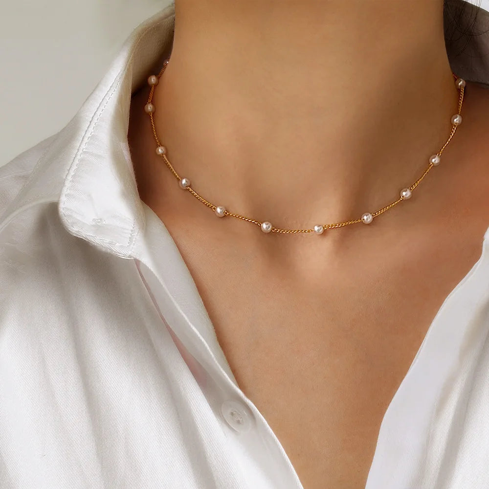 Pearl Choker Necklaces and small heart necklace