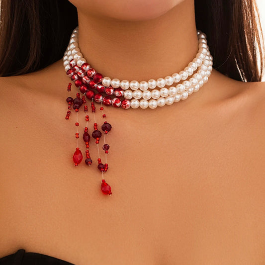 Multilayer Vintage Red Blood Pattern Imitation Pearl Tassel