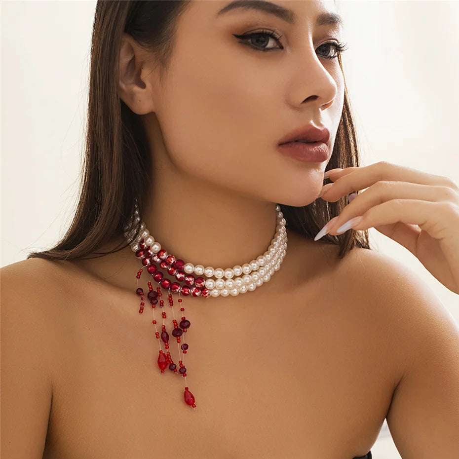 Multilayer Vintage Red Blood Pattern Imitation Pearl Tassel