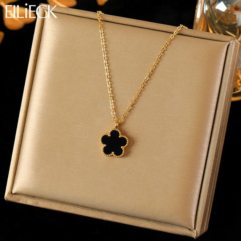 EILIECK 316L Stainless Steel Black Five Leaf Clover Pendant Necklace For Women Fashion New Party Gift Neck Chain Jewelry Collar