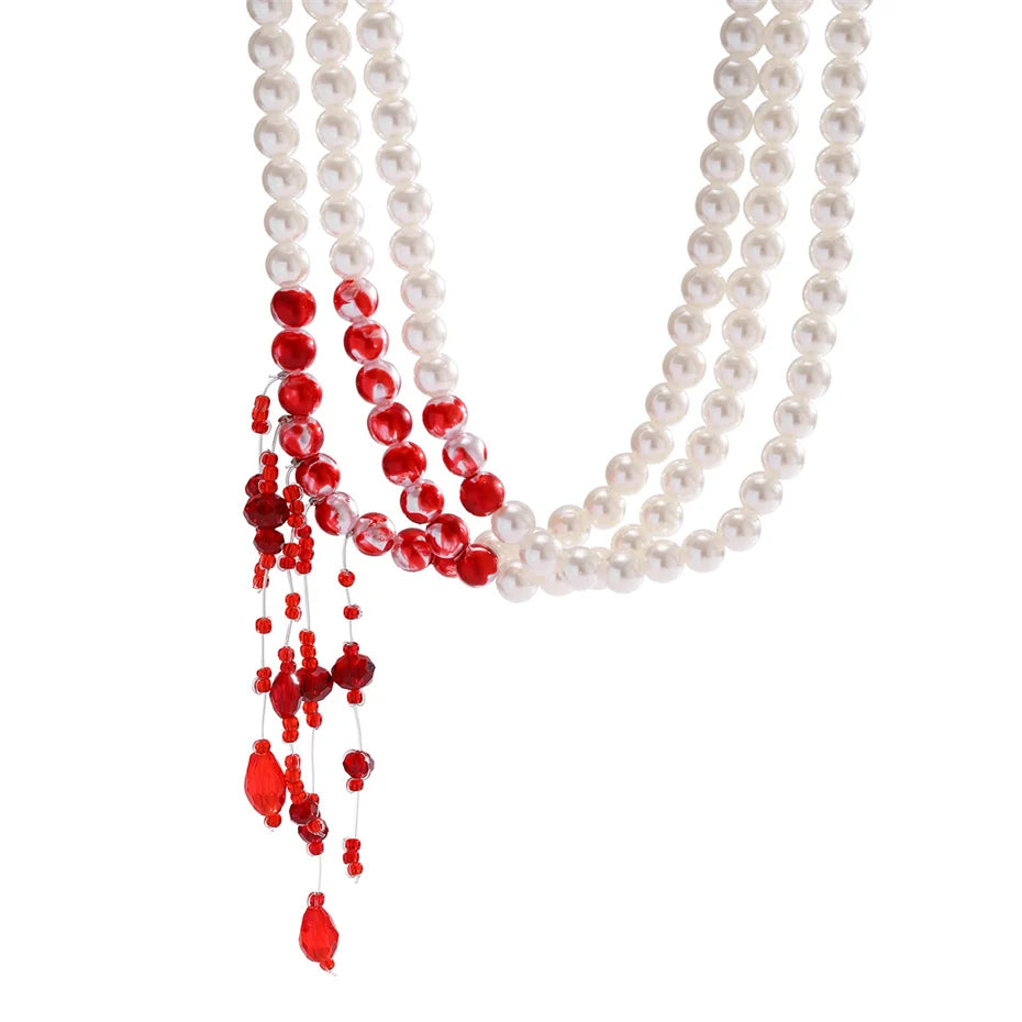 Multilayer Vintage Red Blood Pattern Imitation Pearl Tassel