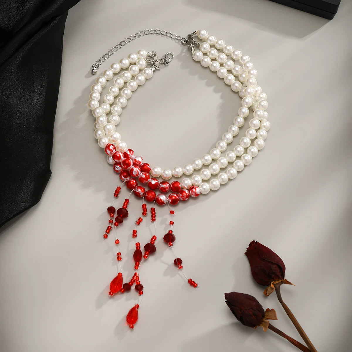 Multilayer Vintage Red Blood Pattern Imitation Pearl Tassel