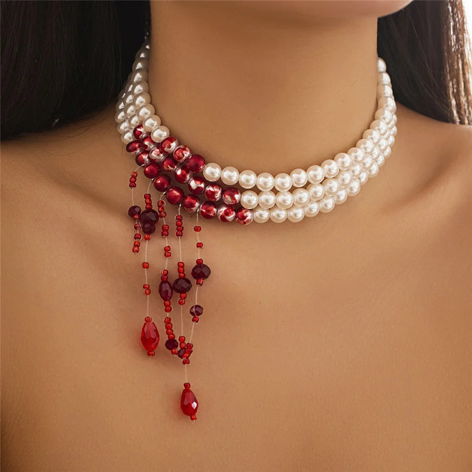 Multilayer Vintage Red Blood Pattern Imitation Pearl Tassel