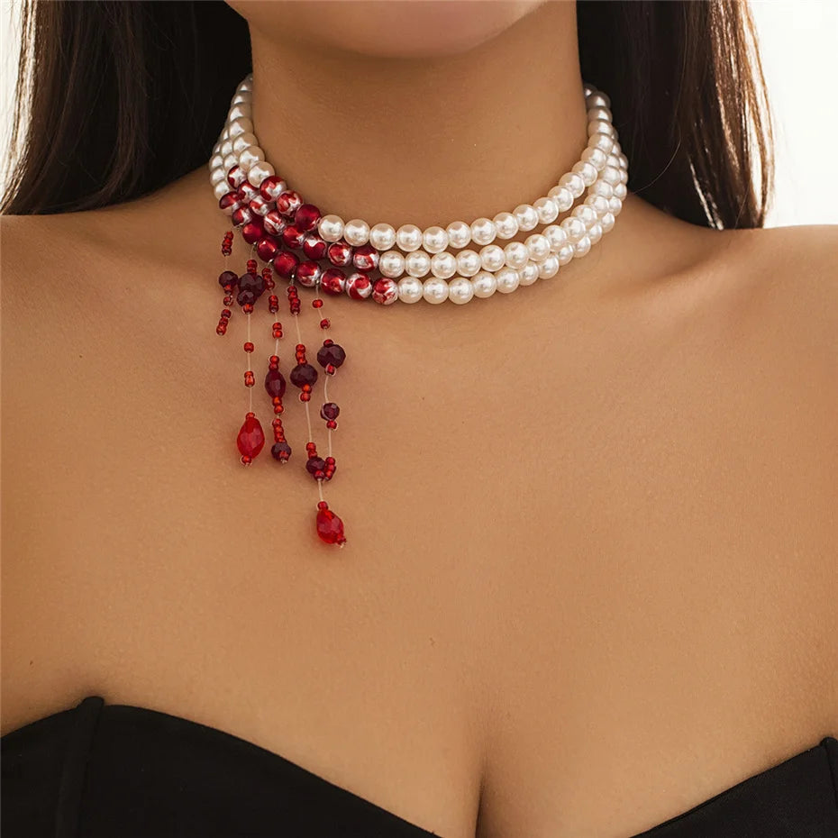 Multilayer Vintage Red Blood Pattern Imitation Pearl Tassel