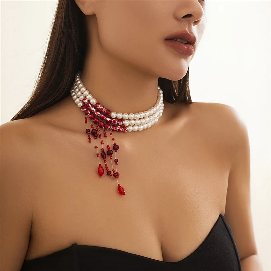 Multilayer Vintage Red Blood Pattern Imitation Pearl Tassel